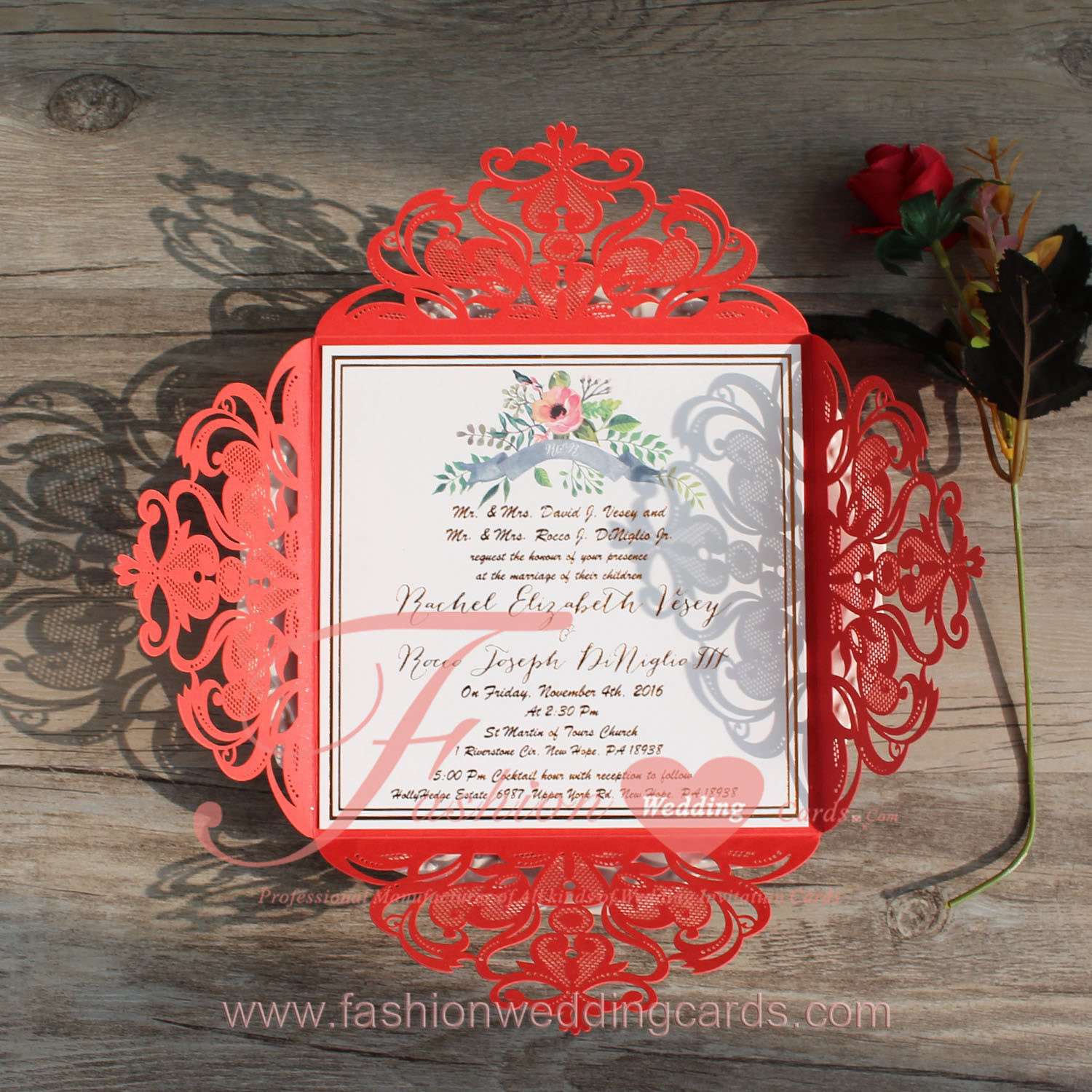 Shimmer Red Laser Cut Wedding Invitations Printed